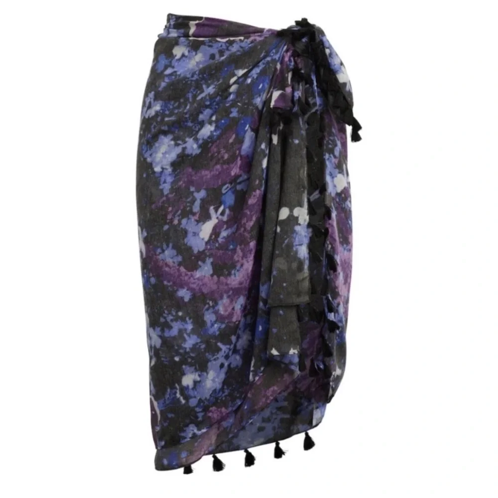 Peter Som Dream Floral Print beach fringe Sarong in Meteorite Black Blue